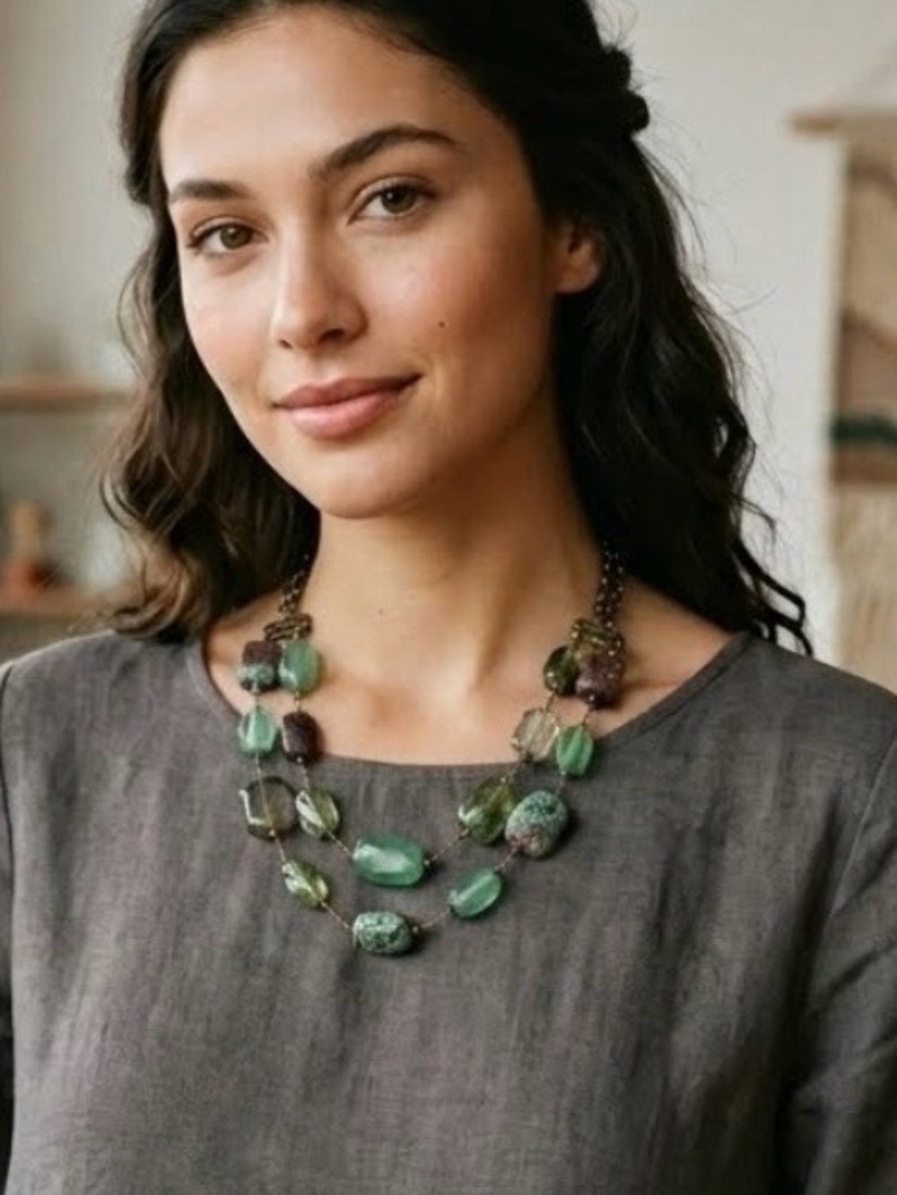 Stunning Turquoise, Green and Purple Brown Glass Beaded Necklace